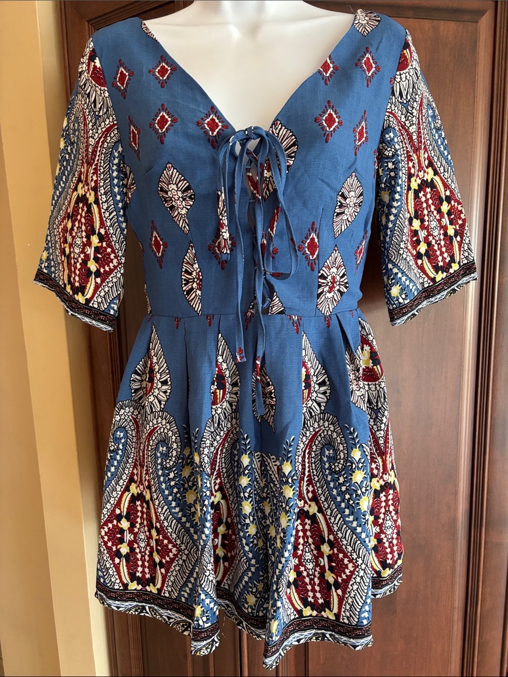 Blue Printed Tie-Front Boho Romper